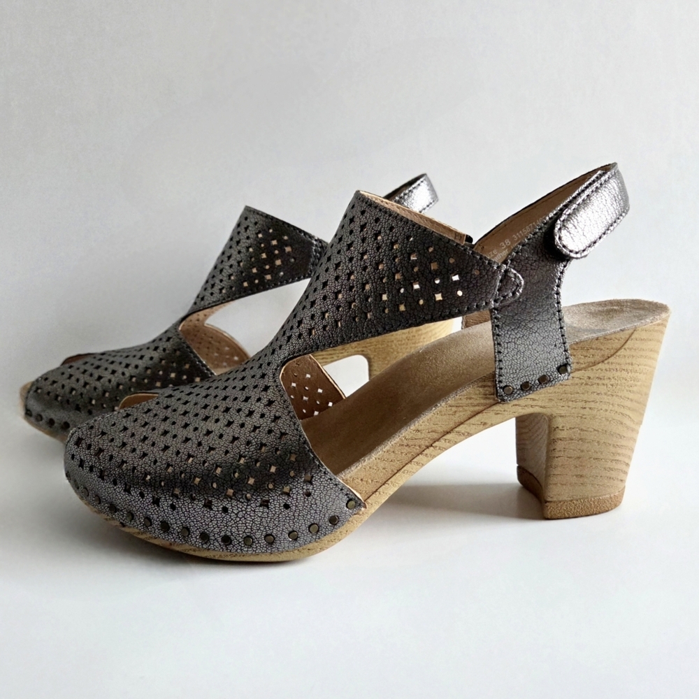 Dansko Teagan Heeled Sandals W/Peep Toe, Metallic Gunmetal Size 38 / US 7.5-8 - Picture 6 of 16